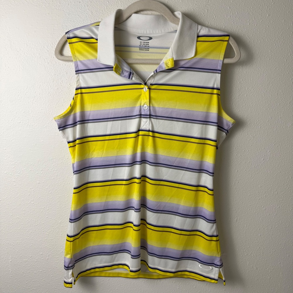 Oakley Womens Sleeveless Polo Shirt Yellow Purple Striped Golf‎ Top Size Medium